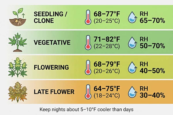 Temperature and humidity for every growth stage of cannabis infographic