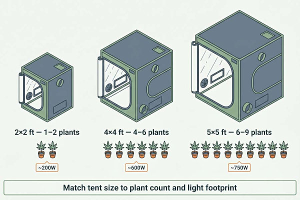 Infographic showing the size of tents and how many cannabis plants can fit