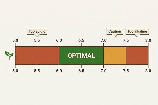 pH scale diagram for autoflowering cannabis showing optimal 6.0 to 7.0 range in green with red zones marking too acidic or alkaline