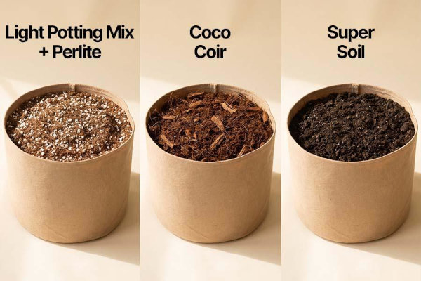 Three autoflower soil types side by side: light potting mix with perlite, coco coir, and super soil with labels