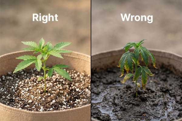 Split image showing healthy autoflower in correct light soil on left versus stressed seedling with nutrient burn on right